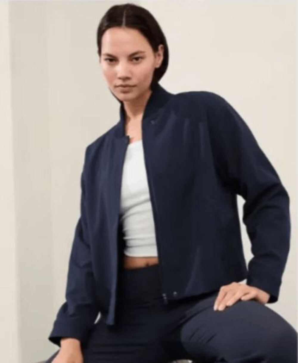 Athleta Endless Bomber Jacket Navy Blue Full Zip Snap Cuff Cropped Minimalist La